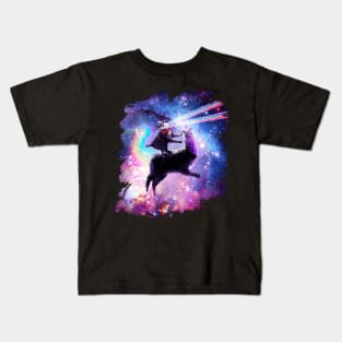 Laser Eyes Outer Space Cat Riding On Llama Unicorn Kids T-Shirt